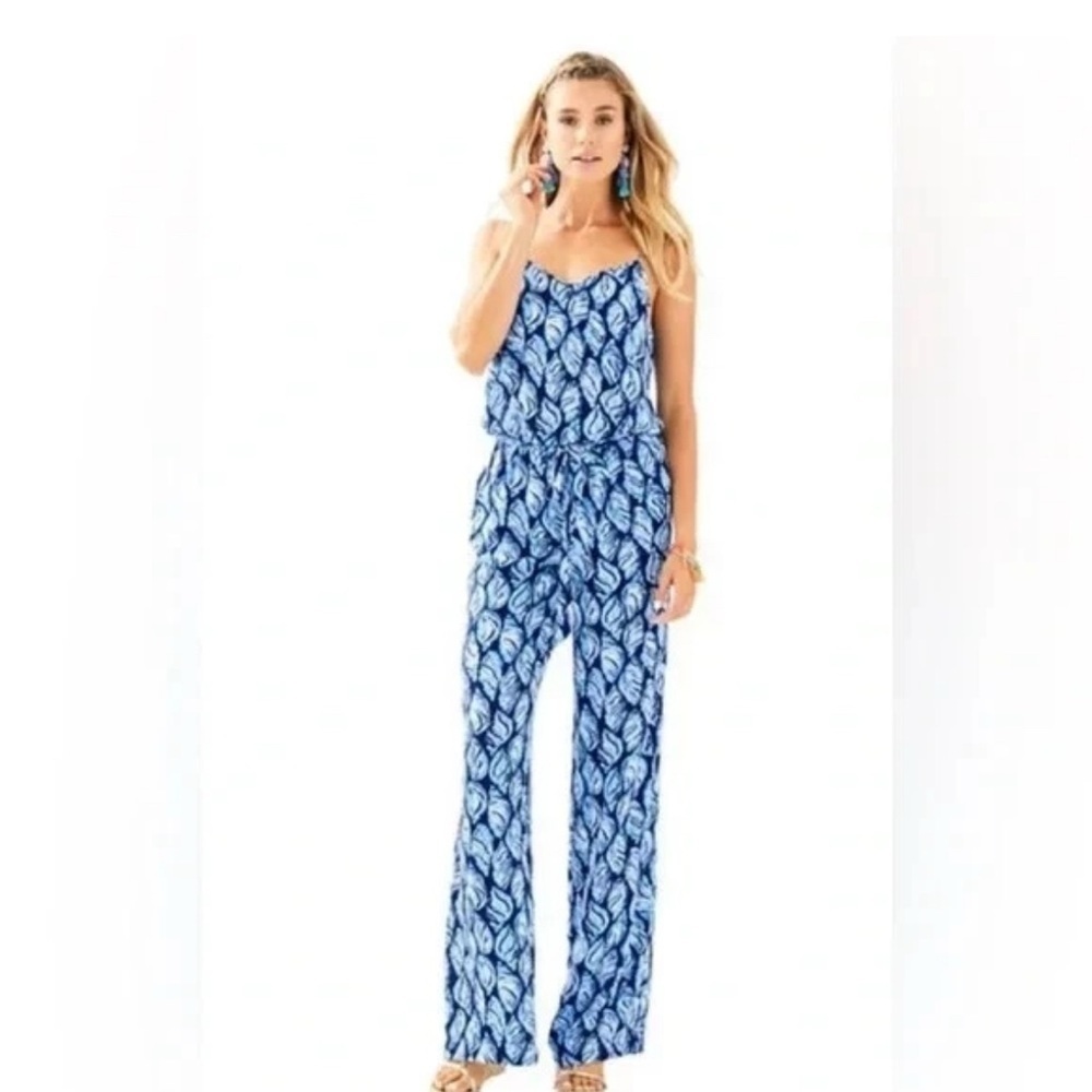 LILLY PULITZER High Tide Blue Conch Shell Racerback Belted Straight Jumpsuit XXS